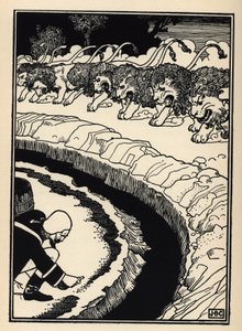 Baronen forsvarer seg mot angrep fra løver ved å sette fyr på krutt. Illustrasjon av William Strang (1859-1921) og JB Clark fra "The Adventures of the Baron of Munchausen (Munchhausen) av Rudolf Erich Raspe (1736-1794) (1789) av Unbekannt