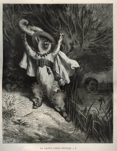 Støvelkatten roper på hjelp. Gravering av Gustave Dore (1832-1883) fra "" Les contes"" av Charles Perrault (1628-1703) av Unbekannt