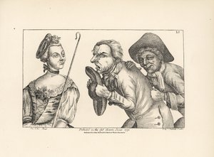 De komiske figurene Cimon og Mopsus med den vakre Phillida. Fra Colley Cibbers komiske opera Damon og Phillida av Unbekannter Künstler