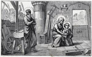 Oppholdet i Egypt. Alfabetet til Jesusbarnet. Utgave av 1932. Treskjæringer signert H G. Privat samling av Unbekannter Künstler