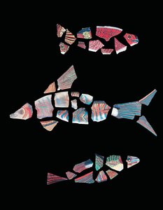 Tre fragmentariske fiskeinnlegg i mosaikk, ptolemaisk-romersk periode, ca. 1. århundre f.Kr. - 3. århundre e.Kr. av Unbekannt
