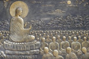 Tinh Xa Ngoc Chau buddhisttempel, Buddhas liv, Siddhartha Gautama, Buddha med disipler, undervisning, Buddha formanet sine første seksti Arahant-disipler til å gå i forskjellige retninger for å forkynne læren, Chau Doc, Vietnam, 2018 (pho av Unbekannt