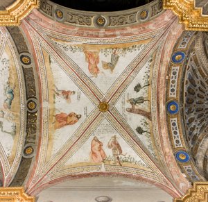Transept sør tredje vestspenn, Isaac ber Exhaù om å bringe ham vilt, Rebecca kler Jacob med klær av Exhaù, Jacob forveksles med Exhaù gir mat til Isak, Esaac kommer tilbake med vilt, katedralen Santa Maria Assunta, Duomo, Cremona, Lombardia, Italia ( ph av Unbekannt