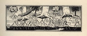 Trær ødelegger av en storm omplanter røttene sine til nøyaktig stedet der de var. Illustrasjon av William Strang (1859-1921) og JB Clark fra "The Adventures of the Baron of Munchausen (Munchhausen) av Rudolf Erich Raspe (1736-1794) (1789) av Unbekannt