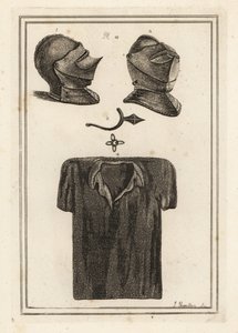 To visninger av en enestående hjelm i Tower of London 1,2, en nysgjerrig antikk spurve 3 og en ringbrynjedress 4 av Unbekannt