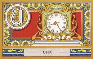 U : Klokke - Alfabet Palmin. Serie med kromolitografier redigert av H. Schlinck & Cie, Hamburg, sd. Publicite pour Palmin fineste kokosfett. Mål: 7 x 11 cm av Unbekannter Künstler