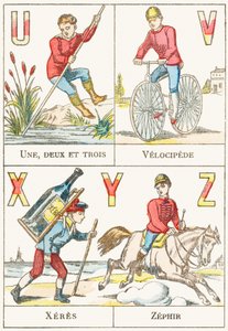 U V X Y Z; U: En, to og tre; V: Velocipede; X: sherry; Z: Zephir - Spillalfabet, ca. 1890 (gravering) av Unbekannt