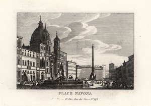 Utsikt over Piazza Navona, med fontenen, den egyptiske obelisken og kirken Sant