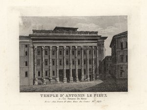 Utsikt over Hadrians tempel, Templum Divus Hadrianus, med 11 søyler dedikert av hans adoptivsønn Antoninus Pius, Temple d