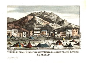 Utsikt over landsbyen Mina i Arafat-ørkenen (teltbyen, Mekka, Saudi-Arabia). Illustrasjon av Ali Bey el Abbassi fra hans reiser i Marokko, Tripoli, Kypros, Egypt, Arabia, Syria og Tyrkia, London 1816. Kobberstikk av dell#39;Acqua handco. av Unbekannter Künstler