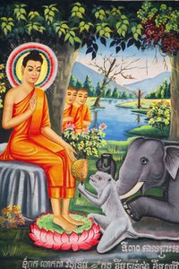 Veggmaleri i Wat Pitchey Udong: Scene fra Buddhas liv. Buddha matet av en ape mens han fastet Kampot Cambodge av Unbekannt