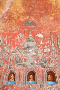 Vegg med små Buddhaer og blyholdige glassfigurer, Shwe Yaunghwe Kyaung kloster, Nyaungshwe, Inle Lake, Myanmar (bilde) av Unbekannter Künstler
