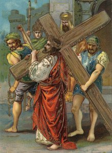 Korsveien - via crucis - Korsets stasjoner: andre stasjon, Jesus bærer sitt kors Kromolitografi Privat samling