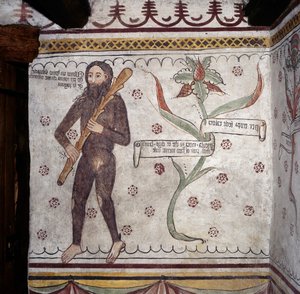 Villmannen fra Sacco (Homo Selvadego), freskomaleri (1400-tallet), Villmannens hus (Uomo Selvatico), Sacco, Cosio Valtellina, Lombardia, Italia av Benjamin Baud