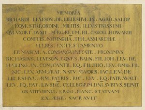 Wolverhampton - latinsk epitafium av admiral Richard Leveson i St. Peters kirke: penn- og blekktegning, nd [? 1800-tallet] av Unbekannt