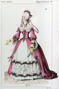 Kvinne iført en kjole slik Mme de Pompadour hadde på seg, ca. 1810 (gravering) av Unbekannter Künstler