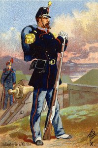 X: Sjøforsvarets infanteri. Gravering i "Militæralfabetet". Illustratorens initialer: A. D. Ukjent utgiver. Kromolitografier sent på 1800-tallet. Mål: 10,5x7 cm. av Unbekannt