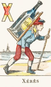 X : Xeres, en gutt holder en stor flaske vin på ryggen - Games Alphabet, ca. 1890 (gravering) av Unbekannt