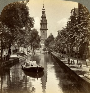 Kanal, Amsterdam, Nederland. av Underwood and Underwood