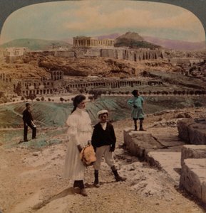 Akropolis i Athen, Lycabettus og det kongelige palasset, fra Philopappos-monumentet, 1907. Kunstnere: Elmer Underwood, Bert Elias Underwood. av Underwood and Underwood