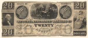 20 dollarseddel utstedt av Augusta Insurance & Banking Co., Augusta, Georgia i 1858 med graveringer av uavhengighetserklæringen etter Trumbull, Washington etter Stuart (?) av Unknown