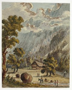 Hytte og hage under Alpene (foran); Village amp; Glacier du Boissons, Chamix (bak) av Unknown