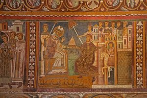 Keiser Konstantin presenterte sin keiserlige tiara til pave Sylvester, og ga ham herredømme over Roma, vestveggen til kapellet i San Silvestro, 1246 av Unknown