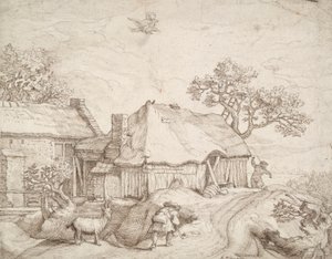 Gårdsbygninger med bønder, en geit og bortføringen av Ganymedes av Unknown