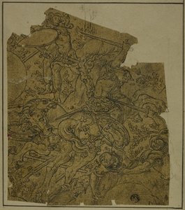 Fragment: Væpnede krigere på hesteryggen kjempende fotsoldater av Unknown