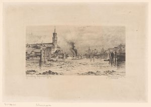 Utsikt over Kehrwiederspitze og en kirke, i Hamburg av Unknown