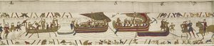 Harold krysser kanalen inn i territoriet til Guy, grev av Ponthieu, hvor han blir tatt til fange, Bayeux-teppe (ullbroderi på lin) av Unknown