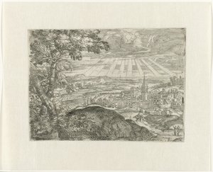 Landskap med byutsikt og skinnende sol av Unknown