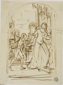 Litterær illustrasjon: Middelalderdame med page (rekto); skisser av figurer (verso) av Unknown