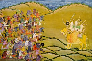 Marwar-maleri: Demonene forbereder seg til kamp mot gudinnen Durga, Mehrangarh Fort-palassmuseet, Jodhpur, Rajasthan, India av Unknown