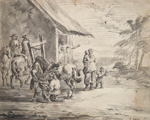 Menn som skoer en hest utenfor et vertshus av Unknown