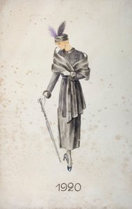 Modell iført frakk og hatt med fjær, med paraply, 1920 av Unknown