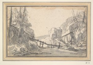 Fjelllandskap med gangbro av tre av Unknown