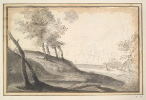 Fjelllandskap med trær og by i avstand av Unknown