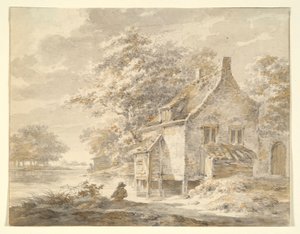 Elvelandskap med hus av Unknown