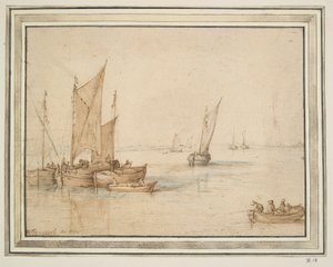 Seilbåter ved anker i rolig vann av Unknown