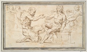 Satyr og ung mann sitter med Putti av Unknown