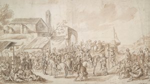 Soldater samlet seg nær en byport av Unknown