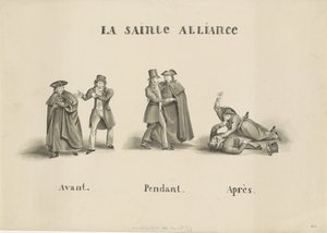 Tegneserie av alliansen laget mellom det romerske geistlige partiet og det liberale partiet mot den nederlandske regjeringen, 1828 La Sainte Alliance (tittel på objekt) av Unknown