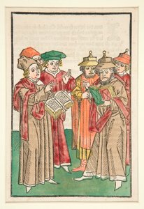 Three Christian and Three Jewish Scholars Disputing, illustrasjon fra Der Seelen-Wurzgarten av Unknown