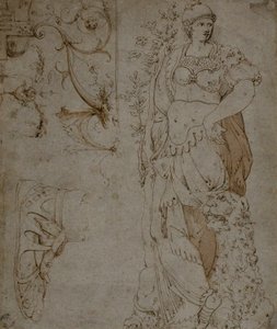 Tre skisser: Fortitude, a Sandal og Grotesques (recto); Skisser av Grotesques og Roman Cuirass (verso) av Unknown