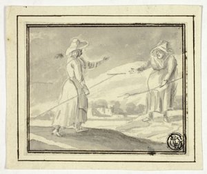 To bondekvinner som hilser på hverandre på et felt av Unknown