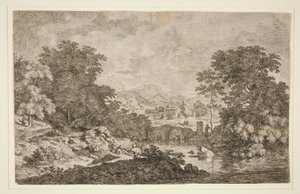 Uten tittel [Pastoral scene - fjellandskap nær vannmasse og fem figurer] av Unknown