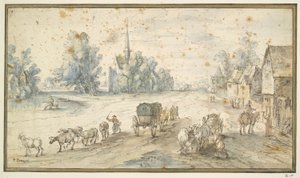 Landsbygate med storfe og kjerrer av Unknown