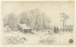 Woodland Hut, med jegere som nærmer seg av Unknown