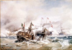 20/07/1866: Slaget ved Lissa utenfor Dalmatia: østerrikerne ødelegger den italienske flåten. av Unknown artist